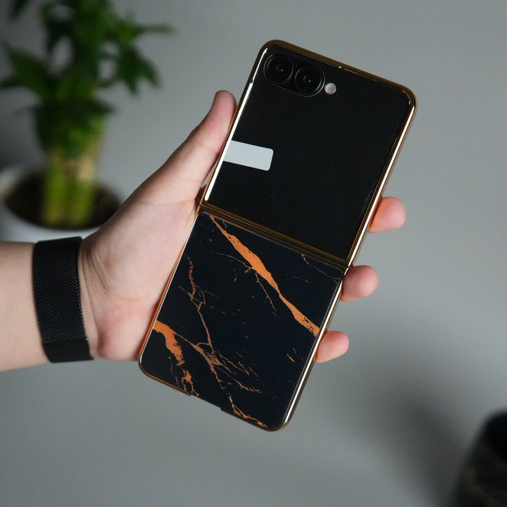 Galaxy Z Flip 7 Luxury Marble Glossy Glass Case | Gold Frame Front Glass Cover