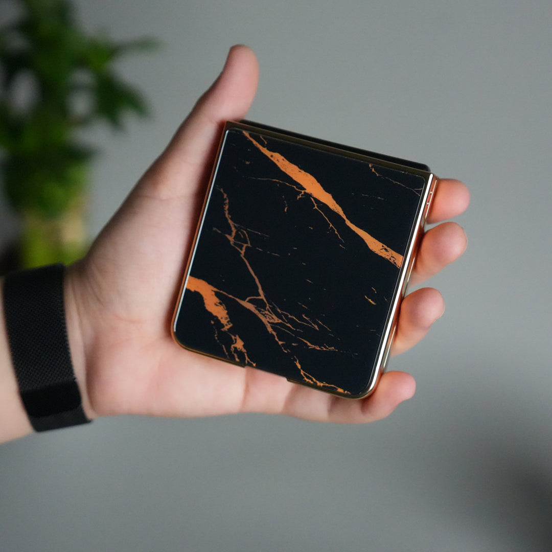 Galaxy Z Flip 7 Luxury Marble Glossy Glass Case | Gold Frame Front Glass Cover