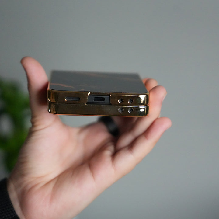 Galaxy Z Flip 7 Luxury Marble Glossy Glass Case | Gold Frame Front Glass Cover