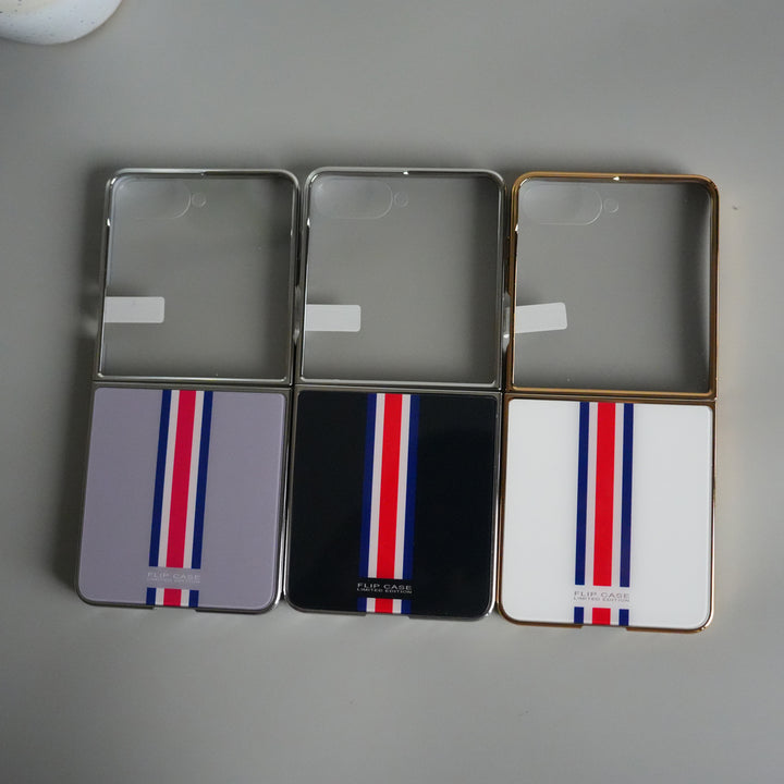 Galaxy Z Flip 7 Luxury Stripe Glass Case | Chrome Plated Clear Back Cover with Glossy Finish