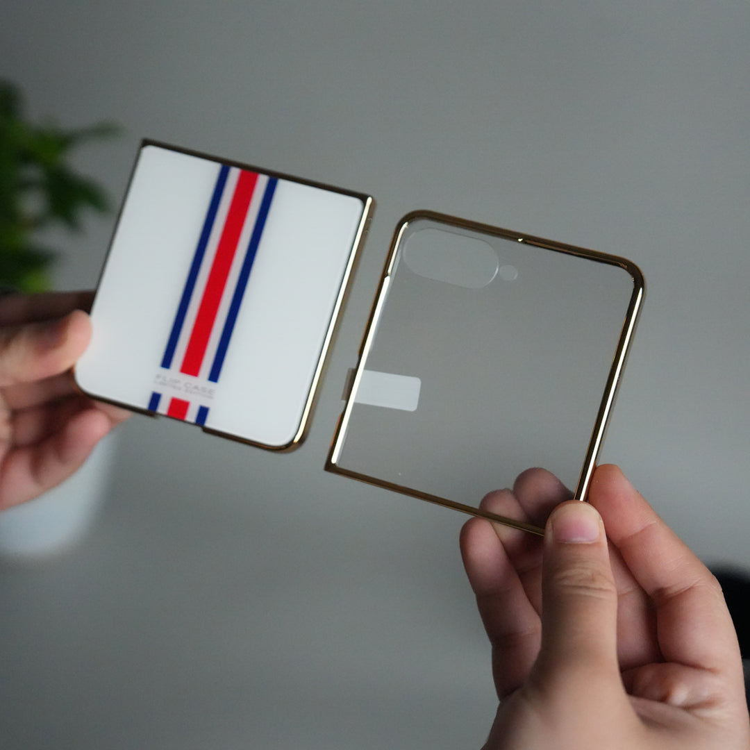 Galaxy Z Flip 7 Luxury Stripe Glass Case | Chrome Plated Clear Back Cover with Glossy Finish