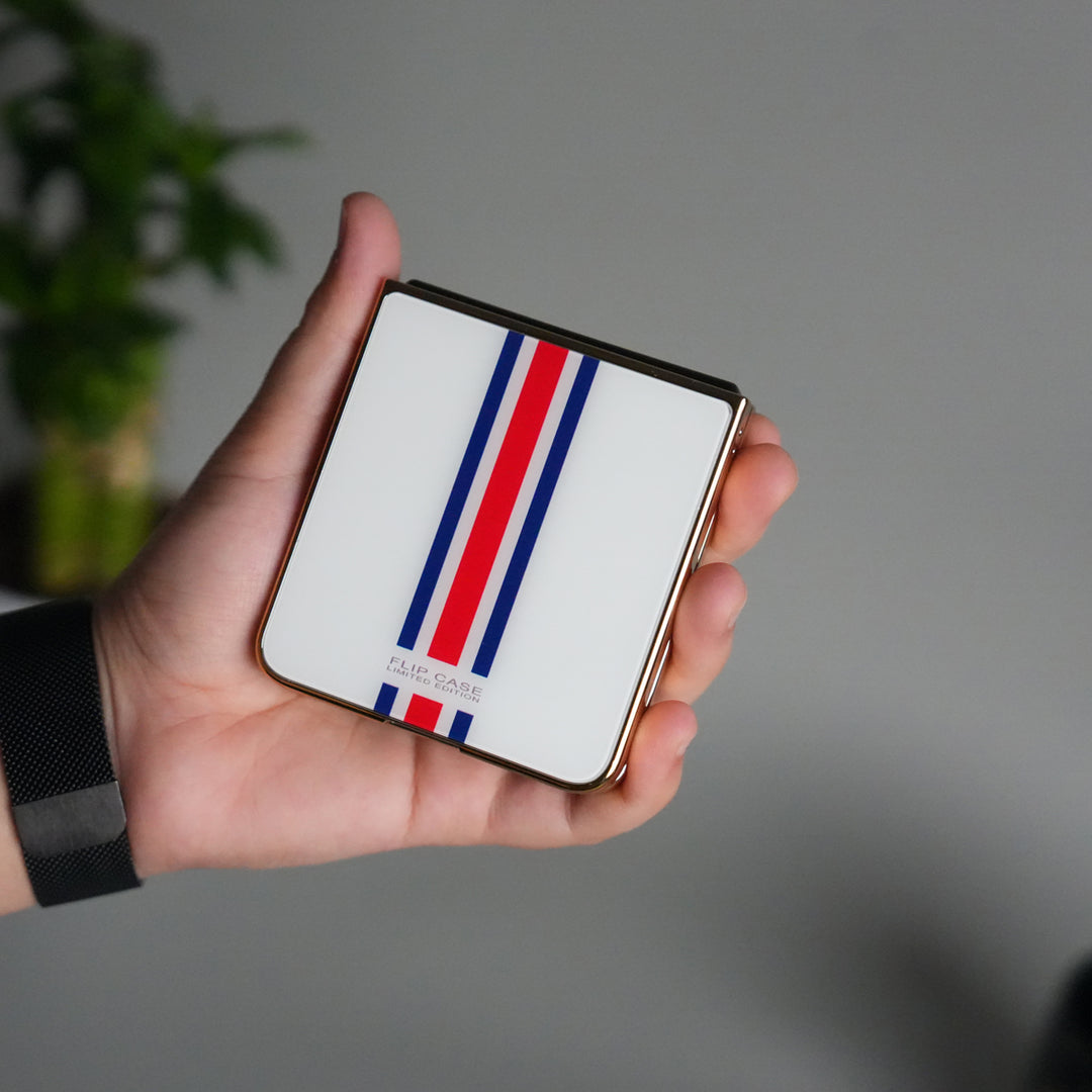 Galaxy Z Flip 7 Luxury Stripe Glass Case | Chrome Plated Clear Back Cover with Glossy Finish