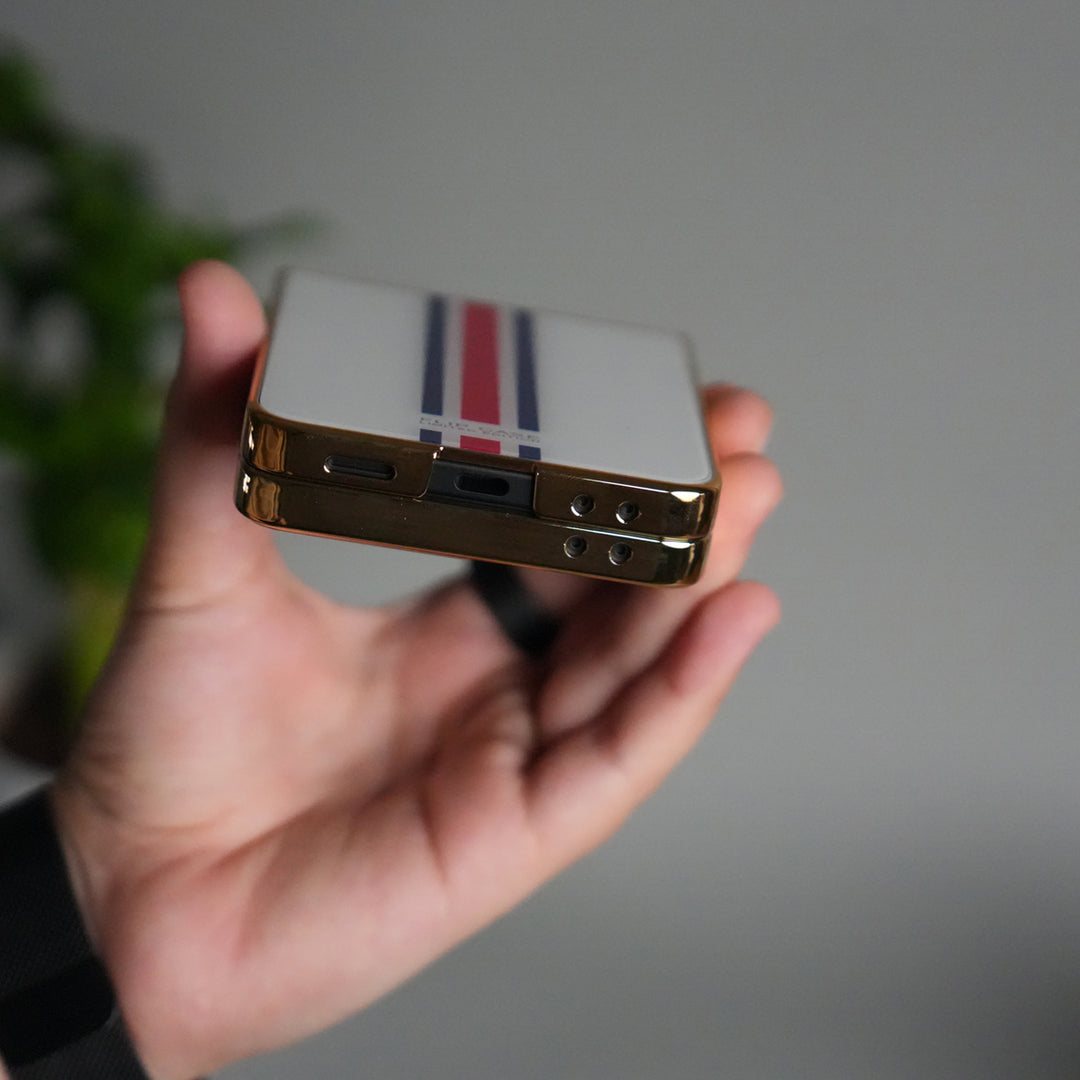 Galaxy Z Flip 7 Luxury Stripe Glass Case | Chrome Plated Clear Back Cover with Glossy Finish