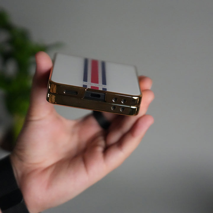 Galaxy Z Flip 7 Luxury Stripe Glass Case | Chrome Plated Clear Back Cover with Glossy Finish