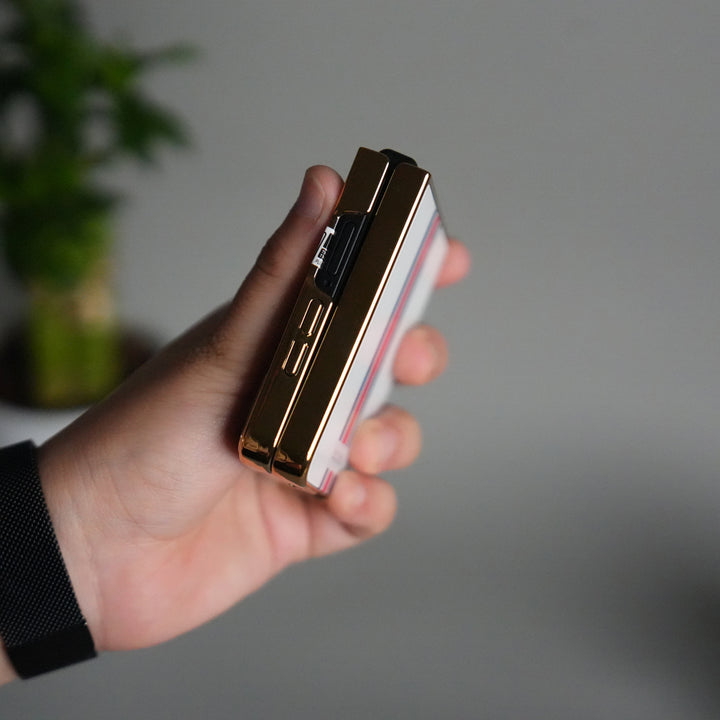 Galaxy Z Flip 7 Luxury Stripe Glass Case | Chrome Plated Clear Back Cover with Glossy Finish