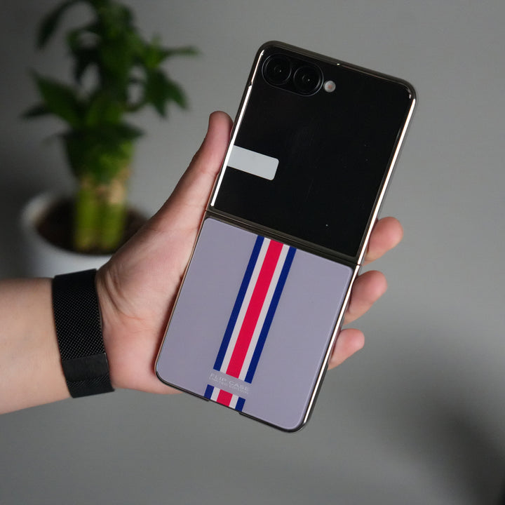 Galaxy Z Flip 7 Luxury Stripe Glass Case | Chrome Plated Clear Back Cover with Glossy Finish