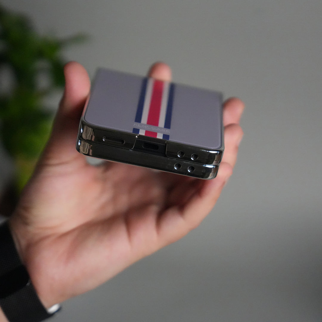 Galaxy Z Flip 7 Luxury Stripe Glass Case | Chrome Plated Clear Back Cover with Glossy Finish