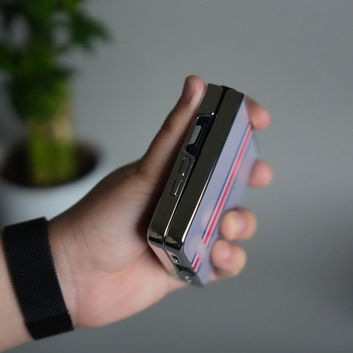 Galaxy Z Flip 7 Luxury Stripe Glass Case | Chrome Plated Clear Back Cover with Glossy Finish