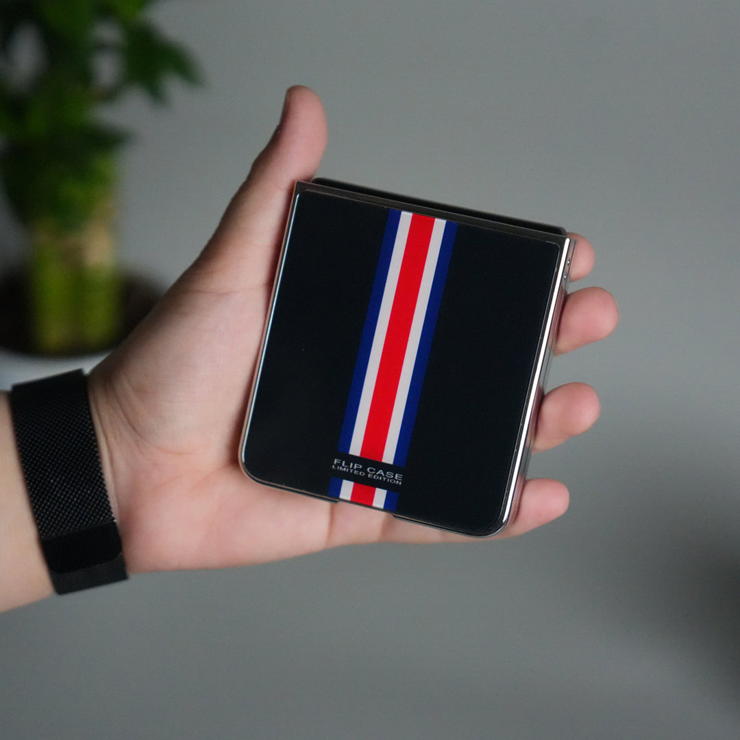 Galaxy Z Flip 7 Luxury Stripe Glass Case | Chrome Plated Clear Back Cover with Glossy Finish