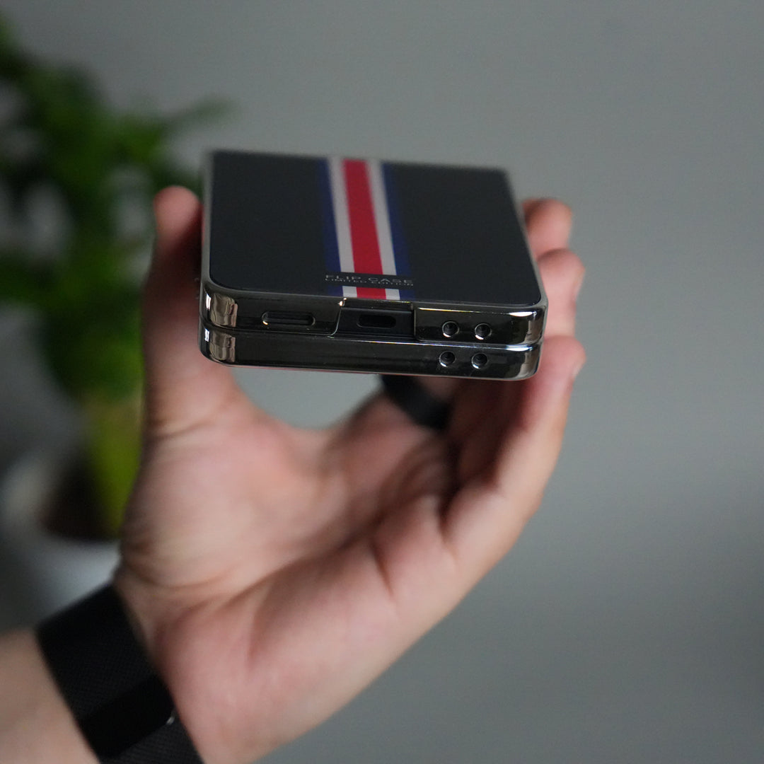 Galaxy Z Flip 7 Luxury Stripe Glass Case | Chrome Plated Clear Back Cover with Glossy Finish