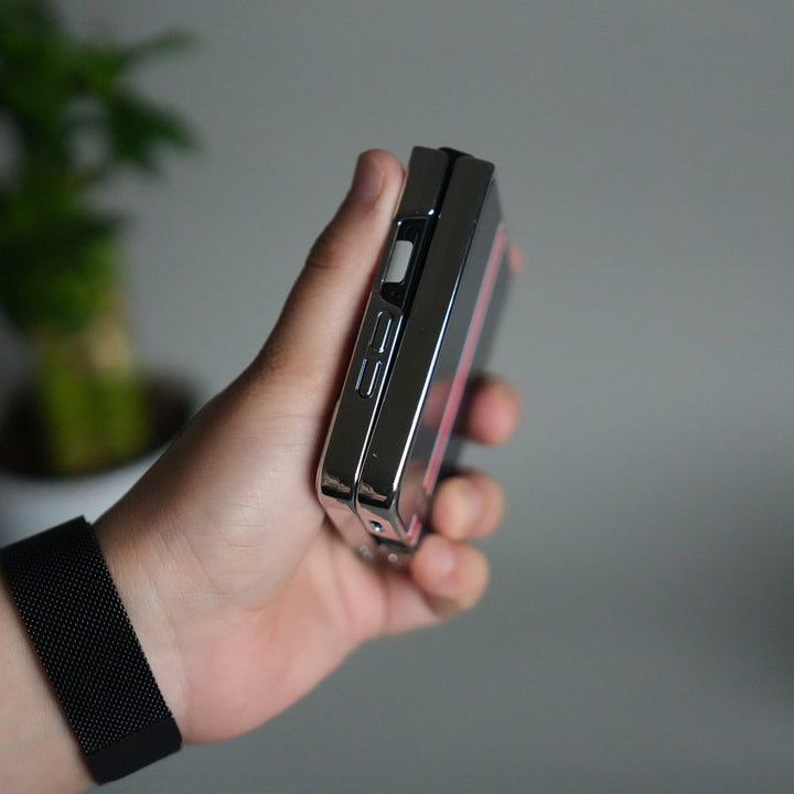 Galaxy Z Flip 7 Luxury Stripe Glass Case | Chrome Plated Clear Back Cover with Glossy Finish