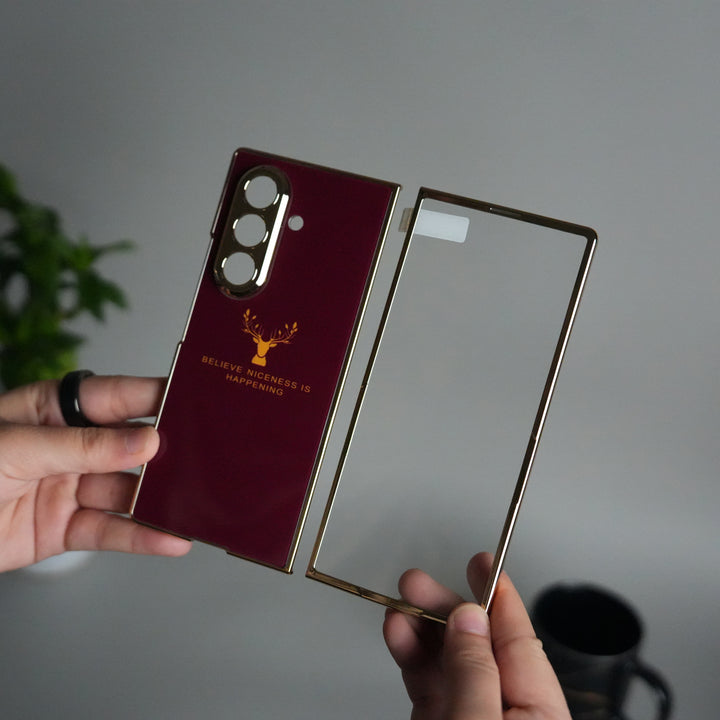 Galaxy Z Fold 7 Glossy Glass Case | Chrome Plated Frame with Front Glass Protection (Deer Design)