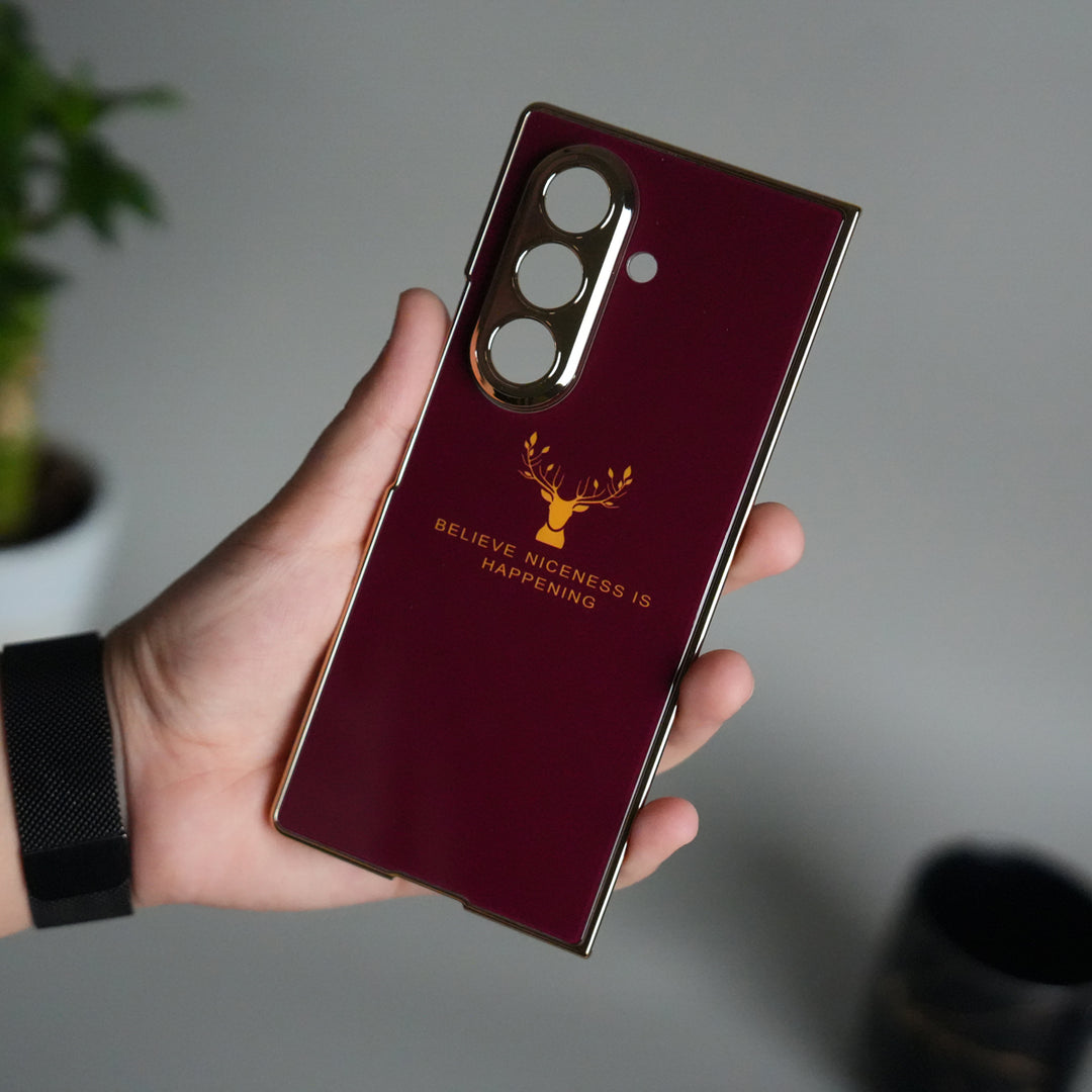 Galaxy Z Fold 7 Glossy Glass Case | Chrome Plated Frame with Front Glass Protection (Deer Design)