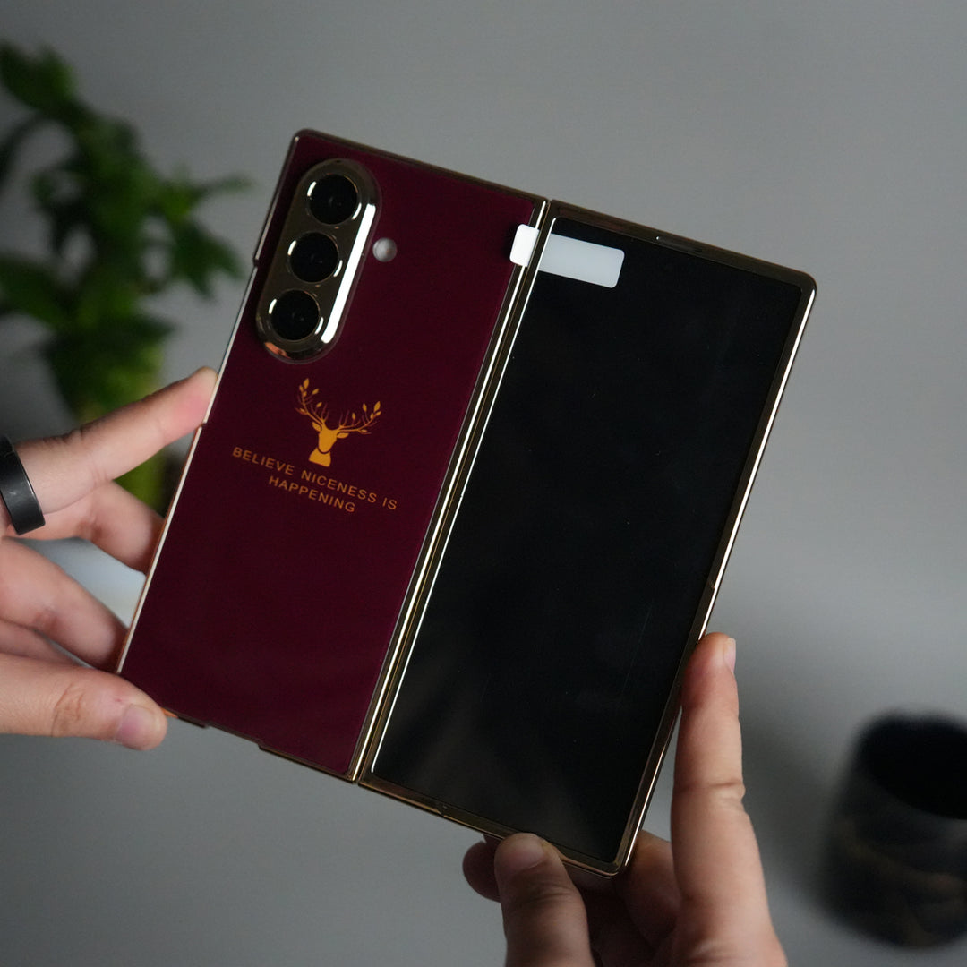 Galaxy Z Fold 7 Glossy Glass Case | Chrome Plated Frame with Front Glass Protection (Deer Design)