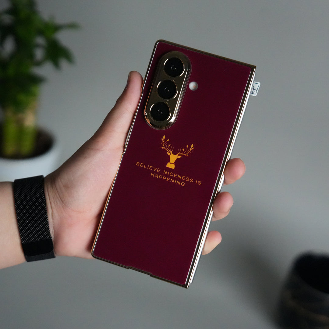 Galaxy Z Fold 7 Glossy Glass Case | Chrome Plated Frame with Front Glass Protection (Deer Design)