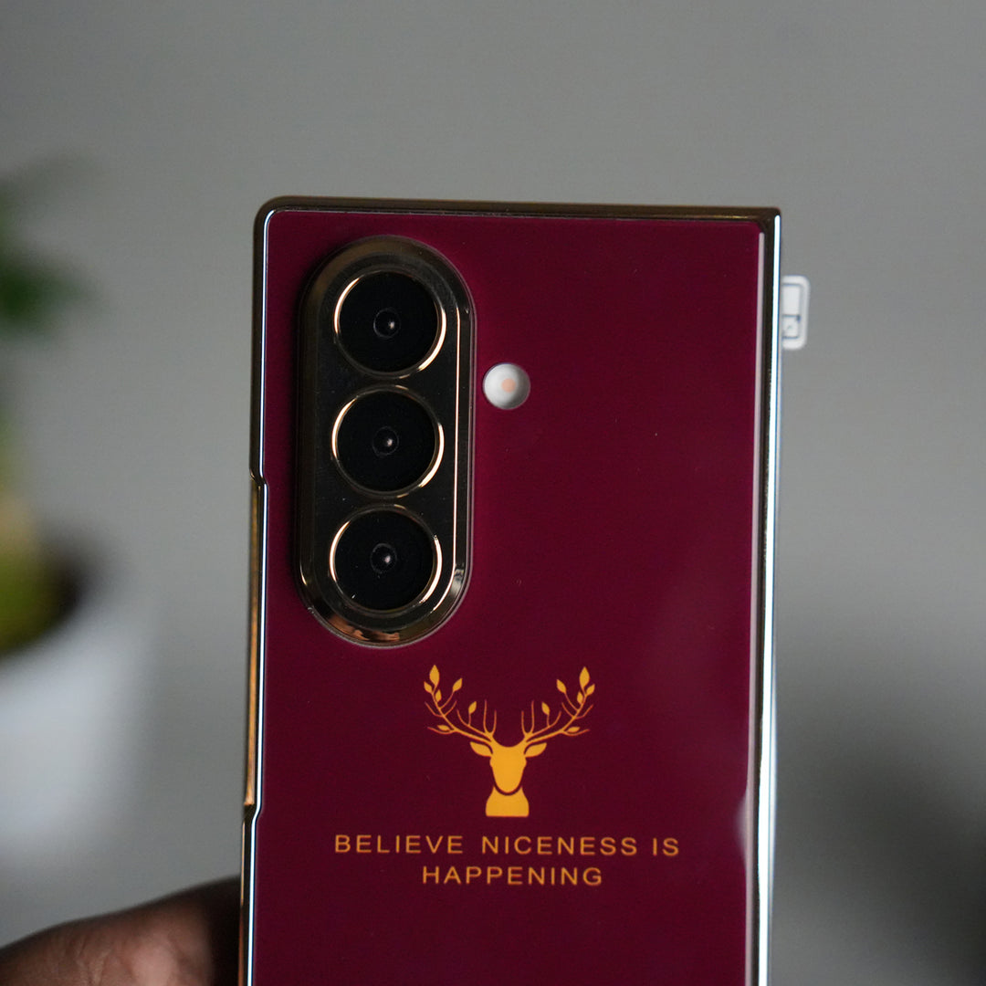 Galaxy Z Fold 7 Glossy Glass Case | Chrome Plated Frame with Front Glass Protection (Deer Design)