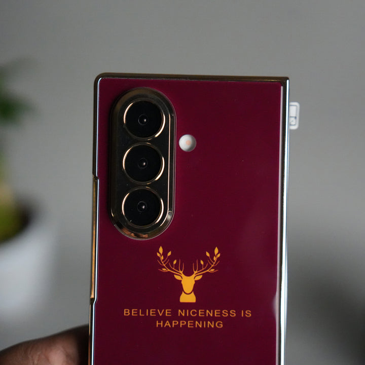 Galaxy Z Fold 7 Glossy Glass Case | Chrome Plated Frame with Front Glass Protection (Deer Design)