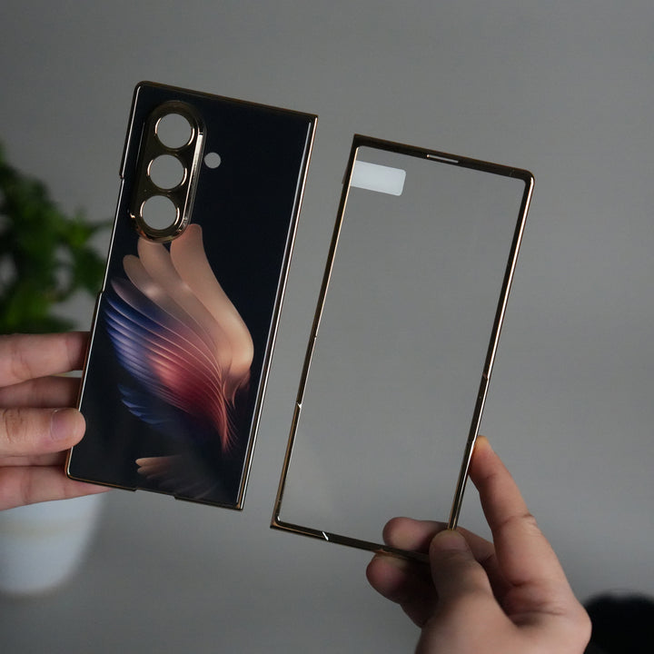 Galaxy Z Fold 7 Glossy Glass Case | Chrome Plated Frame with Front Glass Protection (Wings Design)