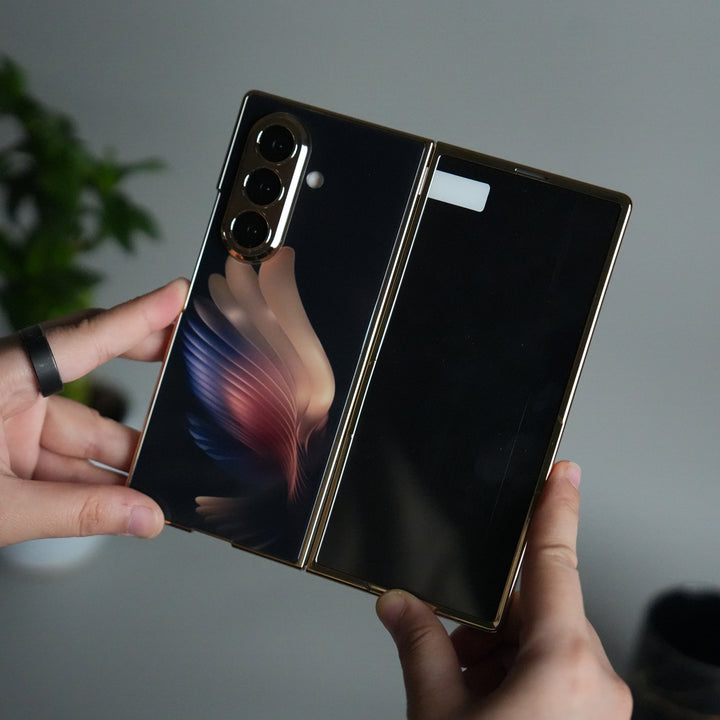 Galaxy Z Fold 7 Glossy Glass Case | Chrome Plated Frame with Front Glass Protection (Wings Design)