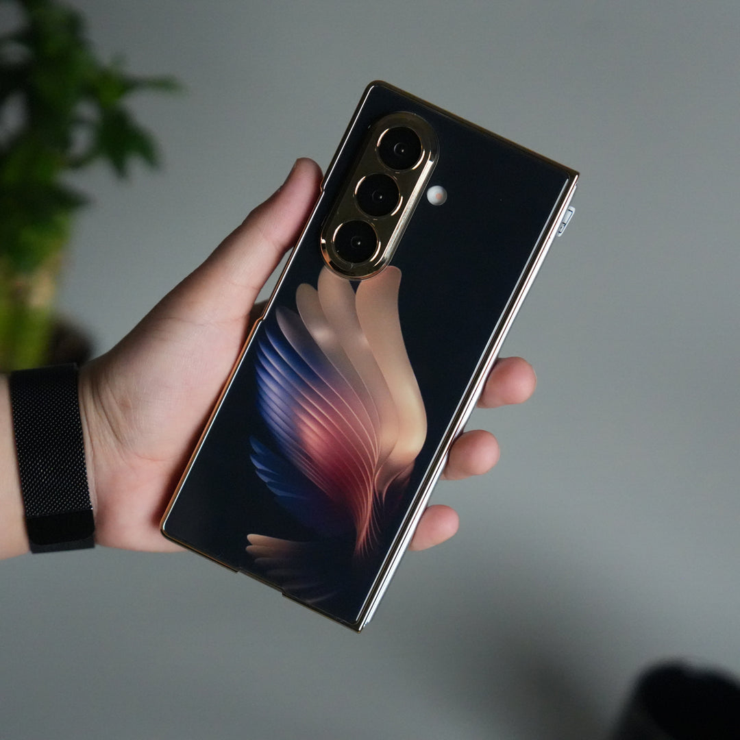 Galaxy Z Fold 7 Glossy Glass Case | Chrome Plated Frame with Front Glass Protection (Wings Design)
