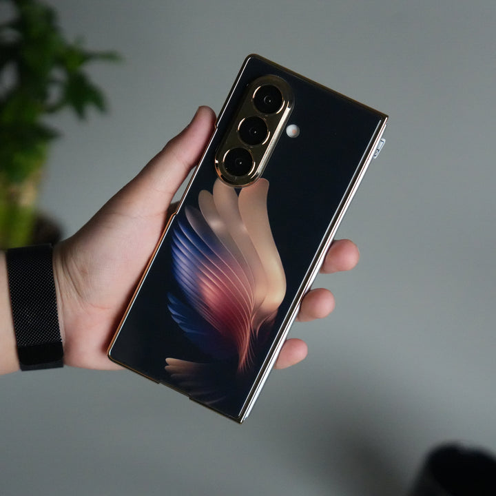 Galaxy Z Fold 7 Glossy Glass Case | Chrome Plated Frame with Front Glass Protection (Wings Design)