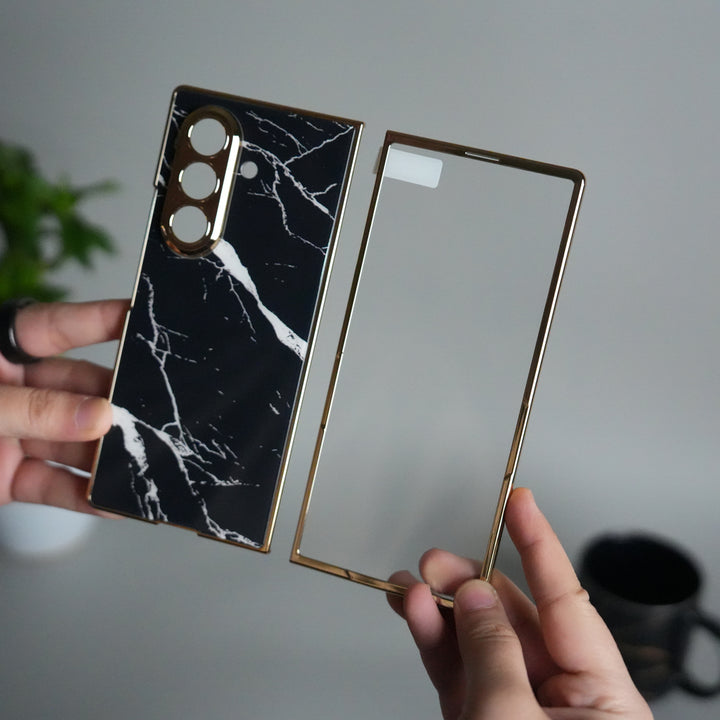 Galaxy Z Fold 7 Glossy Glass Case | Chrome Plated Frame with Front Glass Protection (Marble Design)