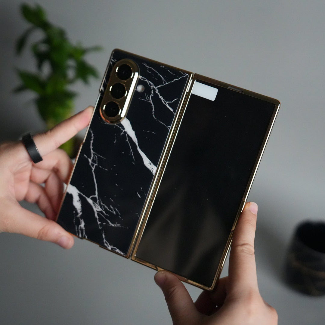 Galaxy Z Fold 7 Glossy Glass Case | Chrome Plated Frame with Front Glass Protection (Marble Design)
