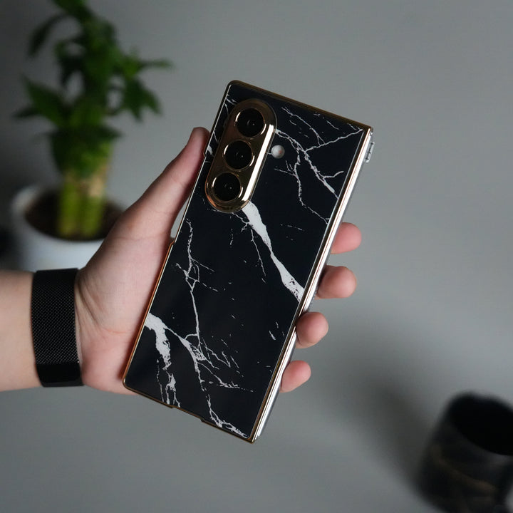 Galaxy Z Fold 7 Glossy Glass Case | Chrome Plated Frame with Front Glass Protection (Marble Design)