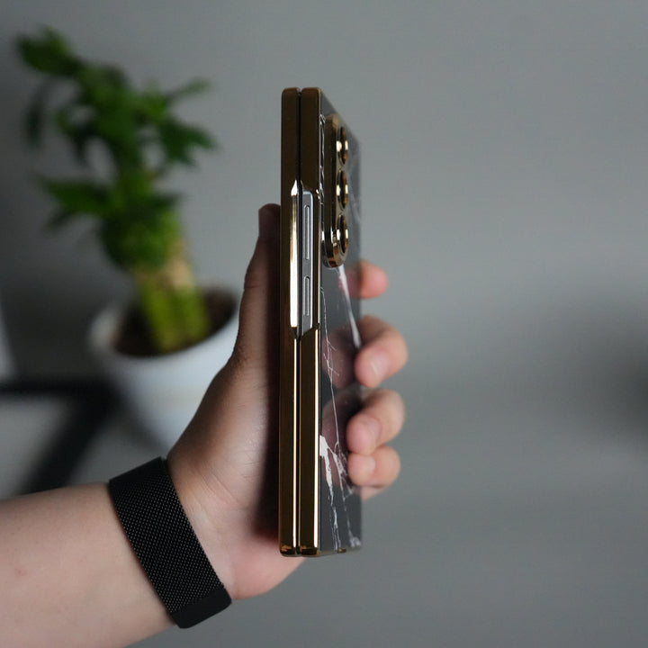 Galaxy Z Fold 7 Glossy Glass Case | Chrome Plated Frame with Front Glass Protection (Marble Design)