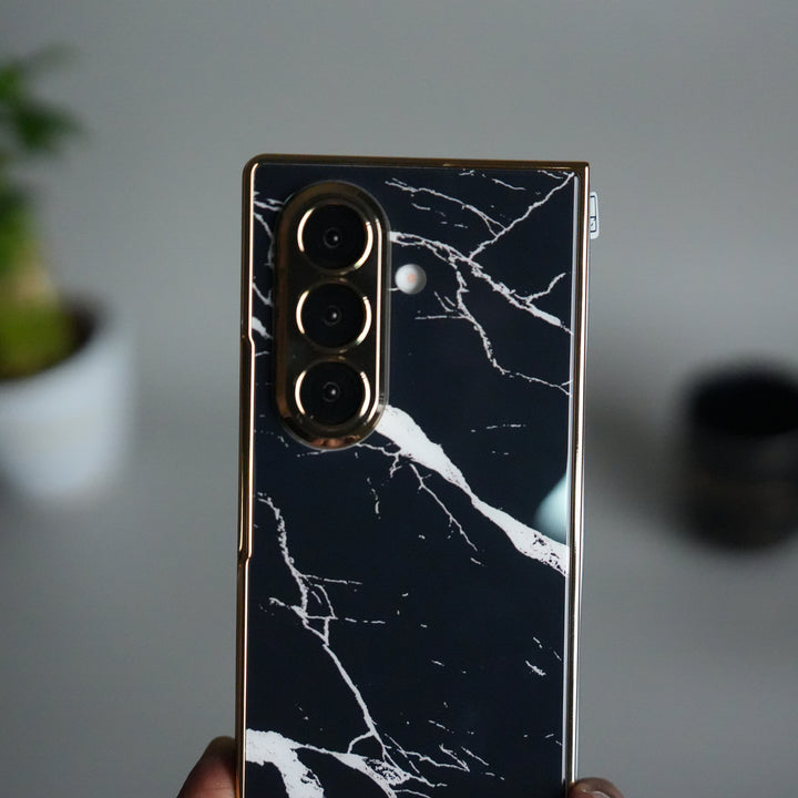 Galaxy Z Fold 7 Glossy Glass Case | Chrome Plated Frame with Front Glass Protection (Marble Design)