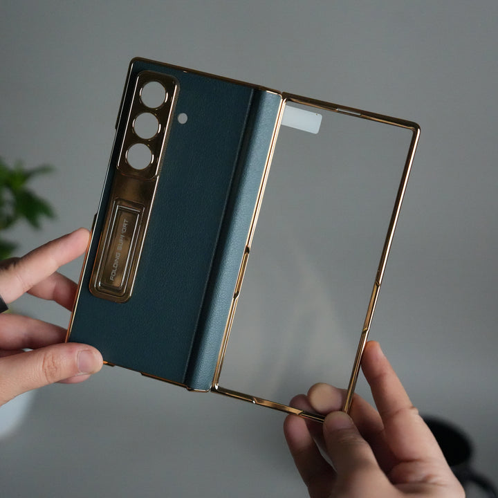 Galaxy Z Fold 7 Premium Leather Case | Front Glass | Gold Plated Camera Frame with Kickstand