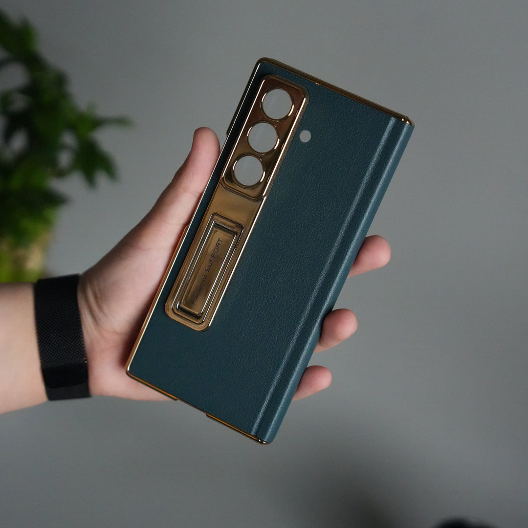 Galaxy Z Fold 7 Premium Leather Case | Front Glass | Gold Plated Camera Frame with Kickstand