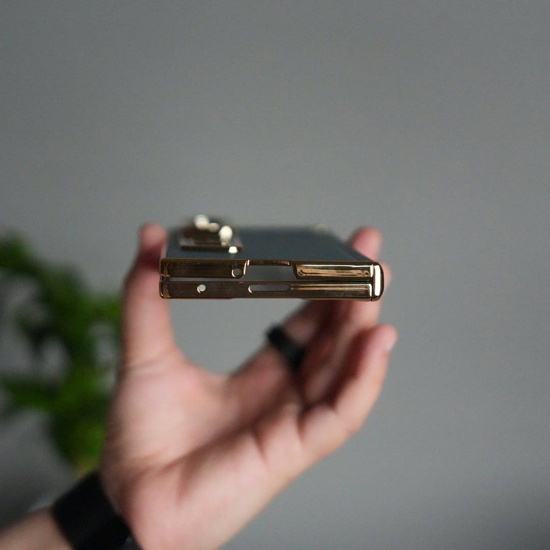 Galaxy Z Fold 7 Premium Leather Case | Front Glass | Gold Plated Camera Frame with Kickstand