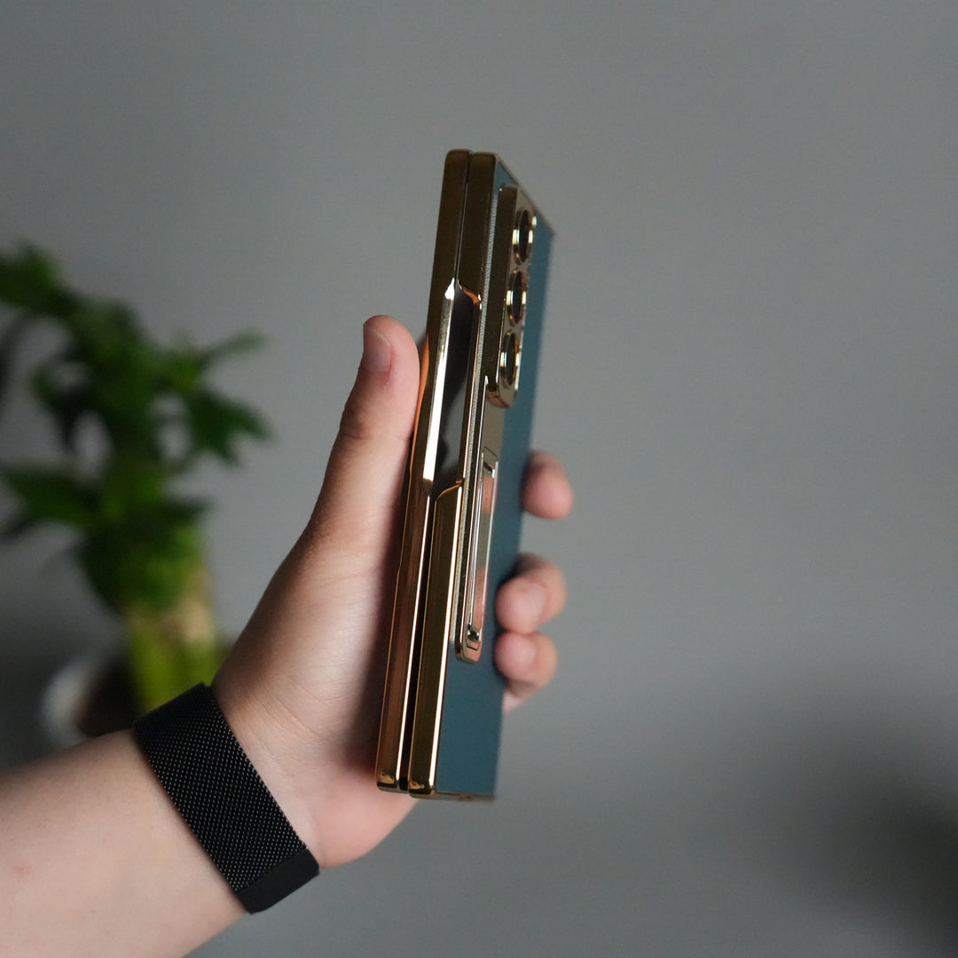 Galaxy Z Fold 7 Premium Leather Case | Front Glass | Gold Plated Camera Frame with Kickstand