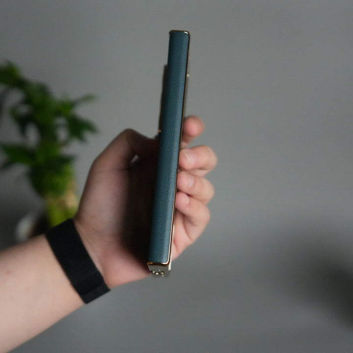 Galaxy Z Fold 7 Premium Leather Case | Front Glass | Gold Plated Camera Frame with Kickstand