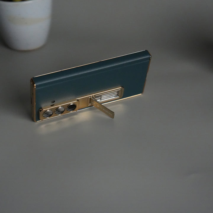 Galaxy Z Fold 7 Premium Leather Case | Front Glass | Gold Plated Camera Frame with Kickstand