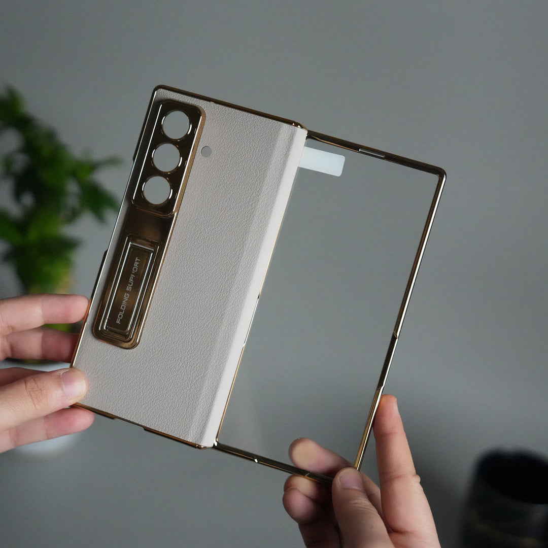 Galaxy Z Fold 7 Premium Leather Case | Front Glass | Gold Plated Camera Frame with Kickstand