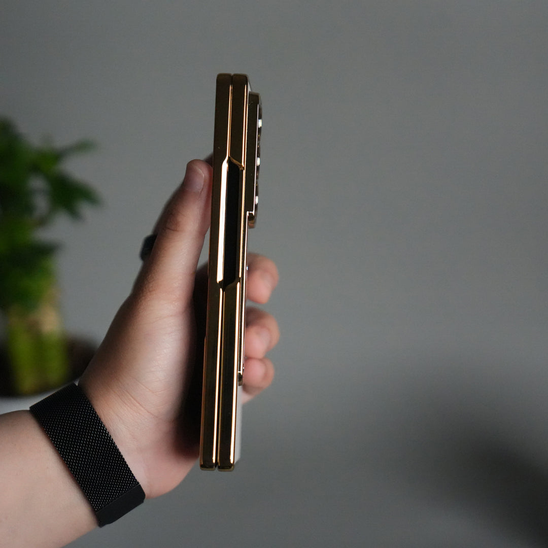 Galaxy Z Fold 7 Premium Leather Case | Front Glass | Gold Plated Camera Frame with Kickstand