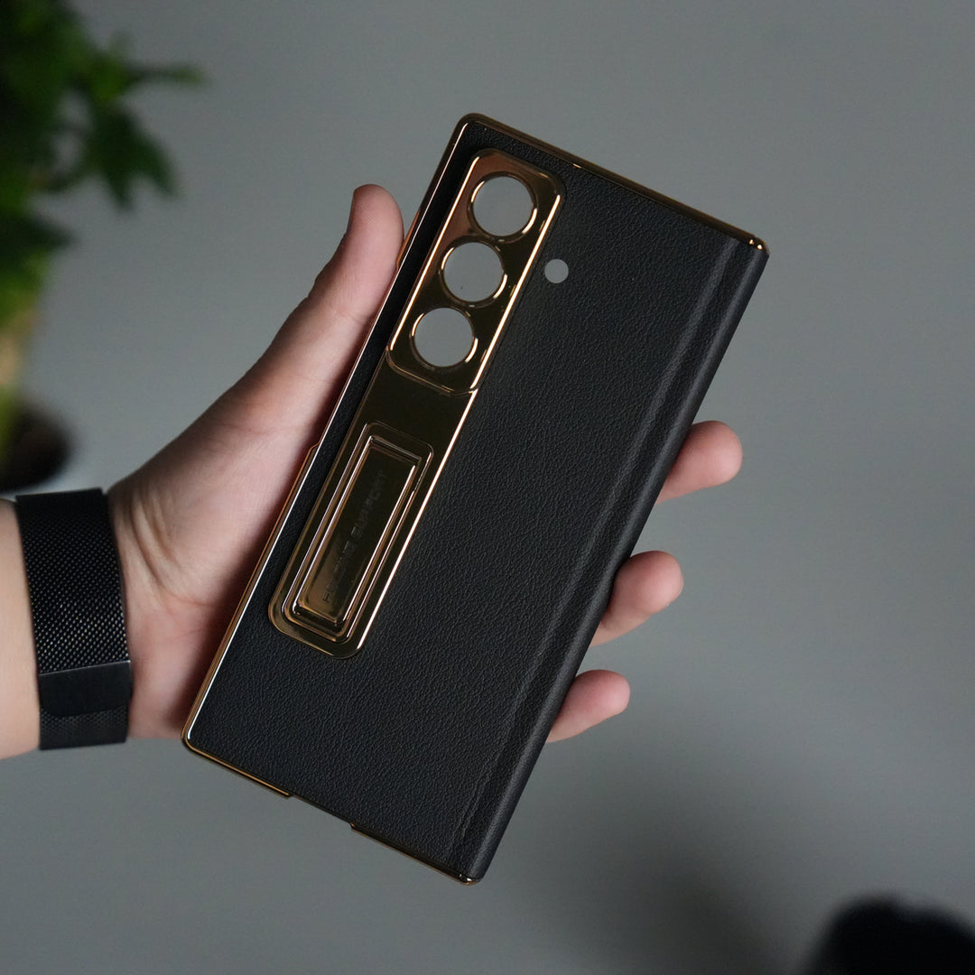 Galaxy Z Fold 7 Premium Leather Case | Front Glass | Gold Plated Camera Frame with Kickstand