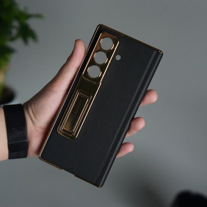 Galaxy Z Fold 7 Premium Leather Case | Front Glass | Gold Plated Camera Frame with Kickstand