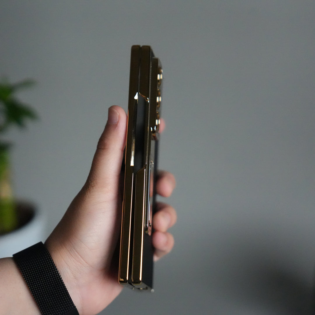 Galaxy Z Fold 7 Premium Leather Case | Front Glass | Gold Plated Camera Frame with Kickstand
