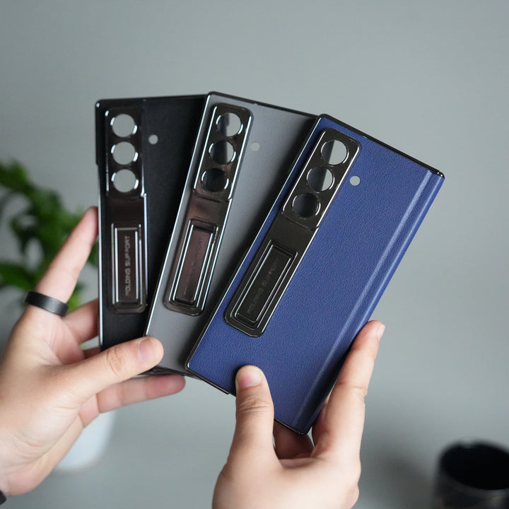 Galaxy Z Fold 7 Premium Leather Case | Front Glass | Silver Plated Camera Frame with Kickstand (Copy)