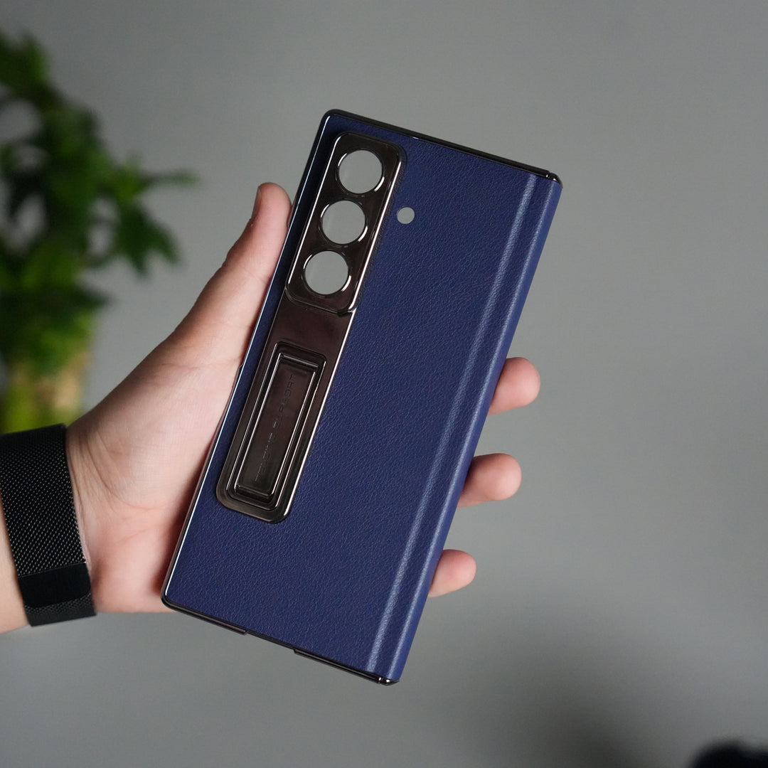 Galaxy Z Fold 7 Premium Leather Case | Front Glass | Silver Plated Camera Frame with Kickstand (Copy)