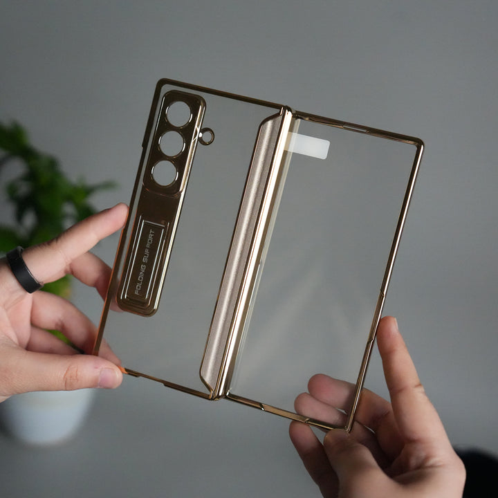 Galaxy Z Fold 7 Transparent Case with Front Glass Protection | Chrome Plated Frame & Kick Stand