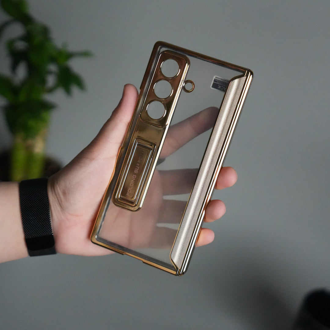 Galaxy Z Fold 7 Transparent Case with Front Glass Protection | Chrome Plated Frame & Kick Stand