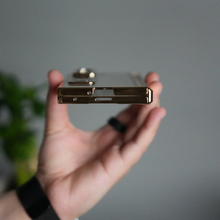 Galaxy Z Fold 7 Transparent Case with Front Glass Protection | Chrome Plated Frame & Kick Stand