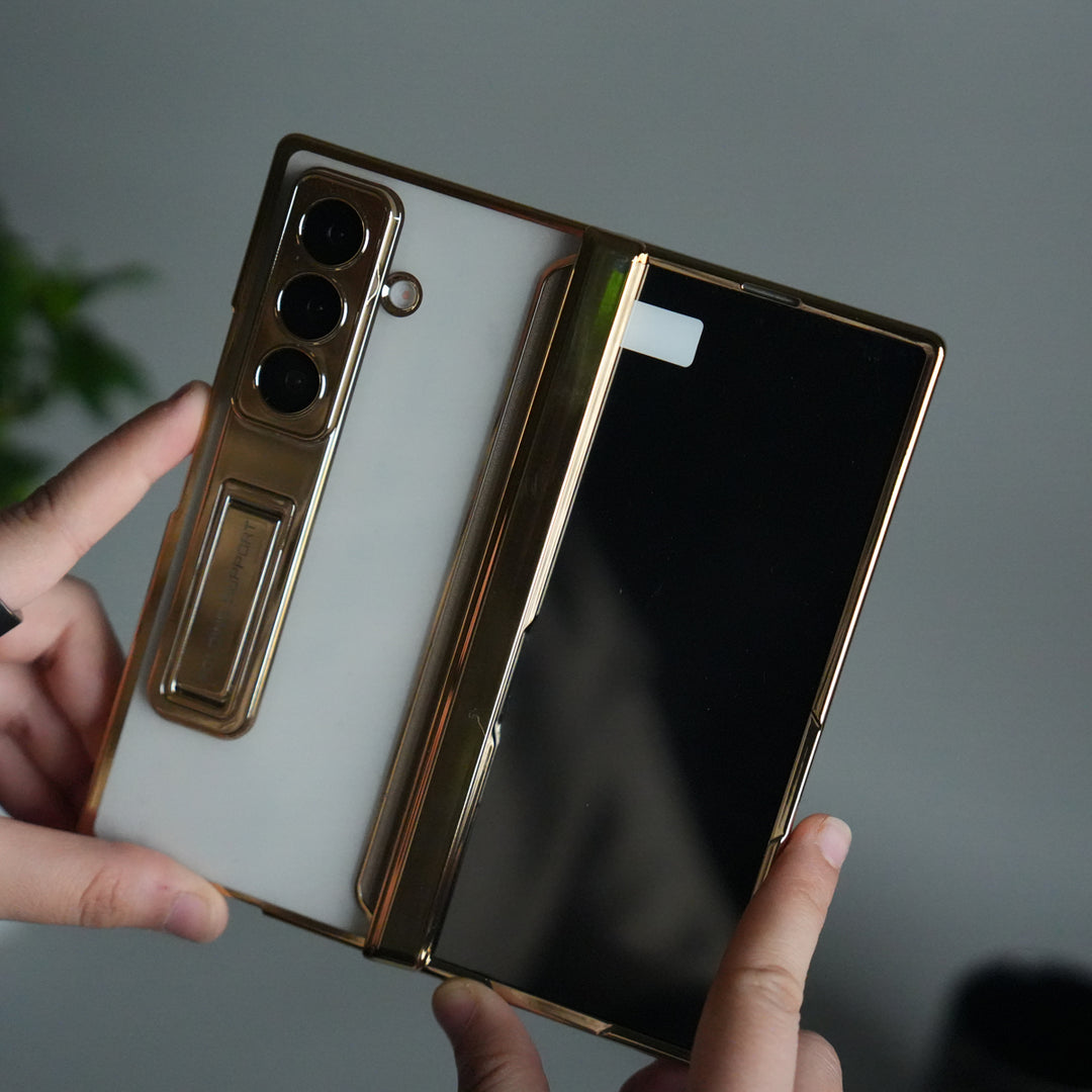 Galaxy Z Fold 7 Transparent Case with Front Glass Protection | Chrome Plated Frame & Kick Stand