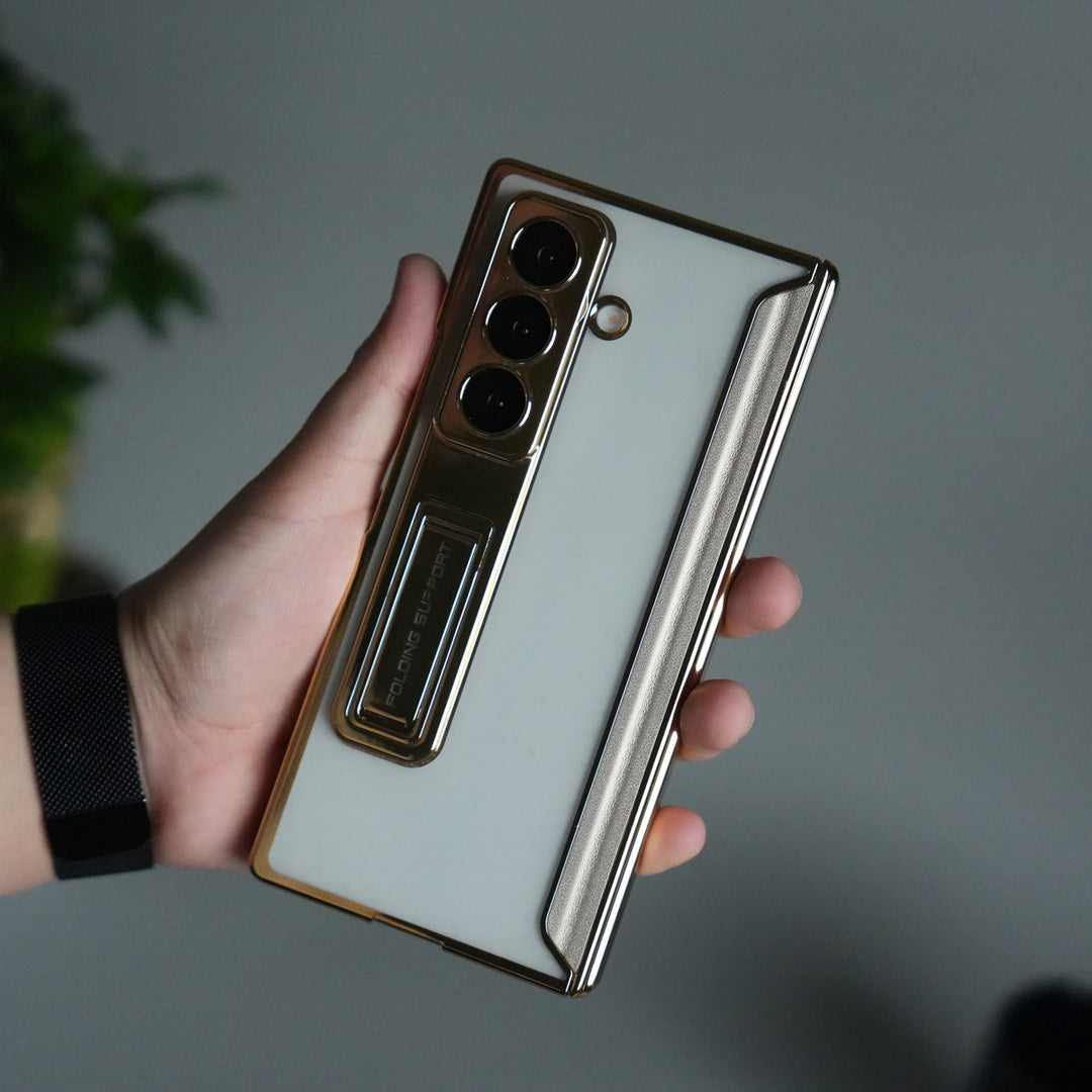 Galaxy Z Fold 7 Transparent Case with Front Glass Protection | Chrome Plated Frame & Kick Stand