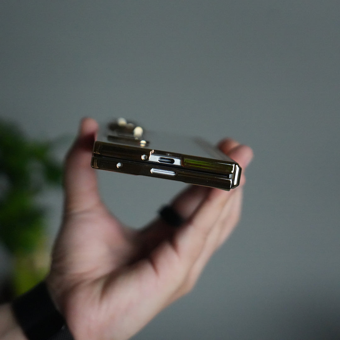 Galaxy Z Fold 7 Transparent Case with Front Glass Protection | Chrome Plated Frame & Kick Stand