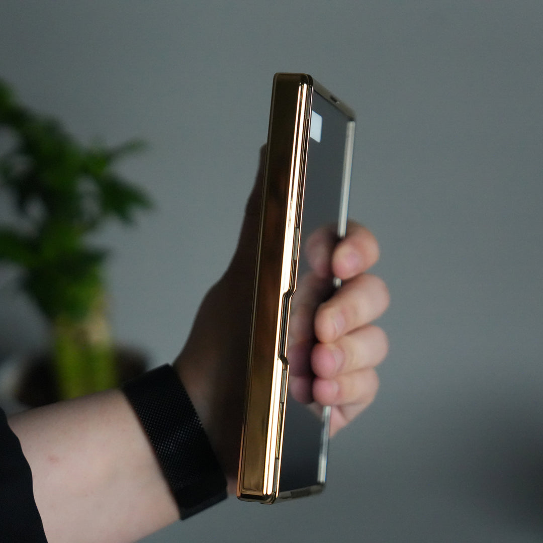 Galaxy Z Fold 7 Transparent Case with Front Glass Protection | Chrome Plated Frame & Kick Stand